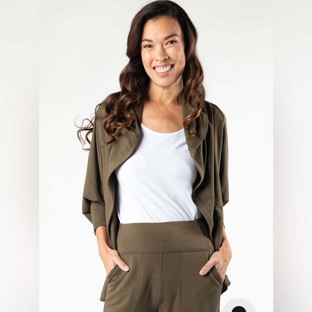 TERRERA Dolman Sleeve Hooded Open Front Loungewear Cardigan Olive Army Green
